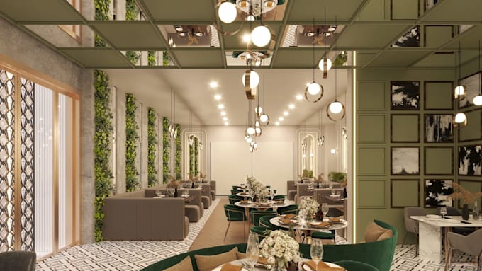 do restaurant interior design with 3d renders and layouts