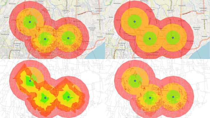 create gis service area, isochrone map, or buffer analysis