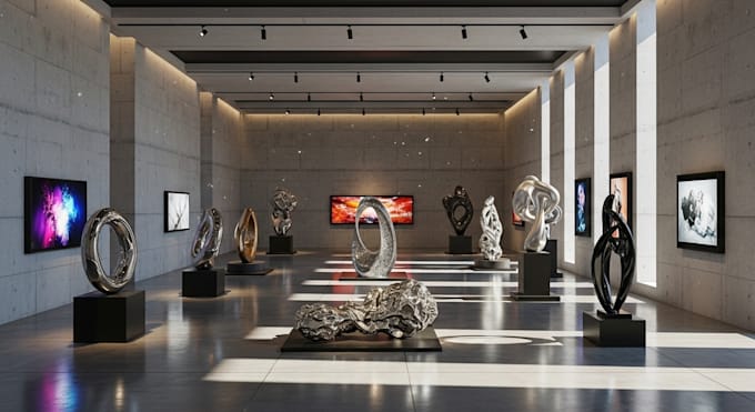 Design a realistic 3d art gallery, museum, or exhibition interior with ...