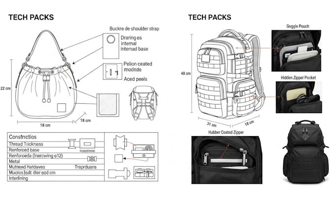 create bag tech pack for handbag backpack wallets purses ready for manufacturing
