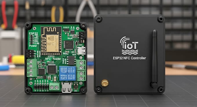 design esp32 nfc iot controller pcb with relay and enclosure