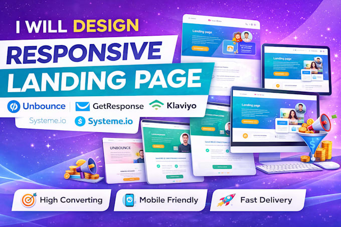 design responsive landing page using unbounce, getresponse, klaviyo, systeme io