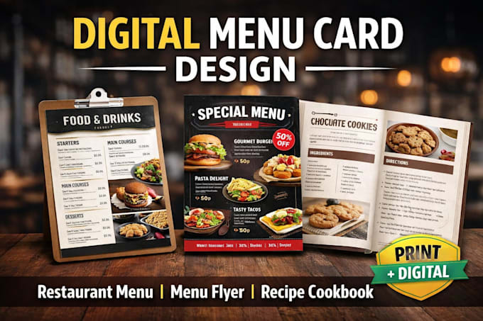 design digital cookbook recipe, menu card, restaurant, business card, or flyer