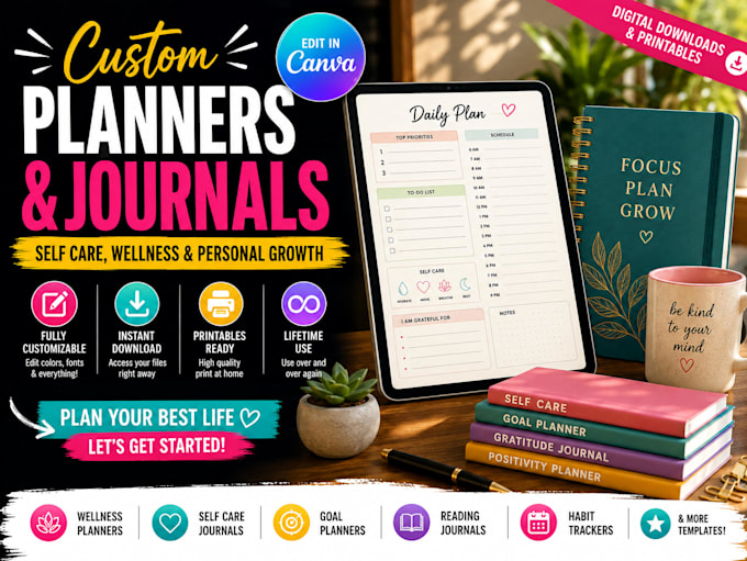 design canva editable digital planners, self care and wellness planners