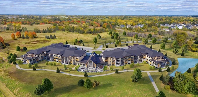 present 3d residential development, rural housing,courtyard render, cgi farmland