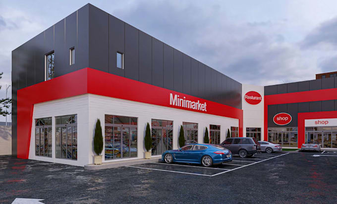 3d gas station design,cgi exterior, convenience store,car park,restaurant render