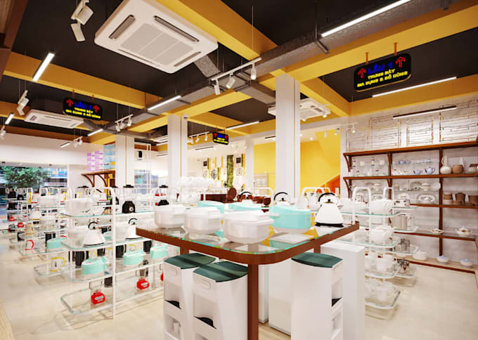 modern 3d cgi interior,mini supermarket,counter space, shelve design,kitchenware