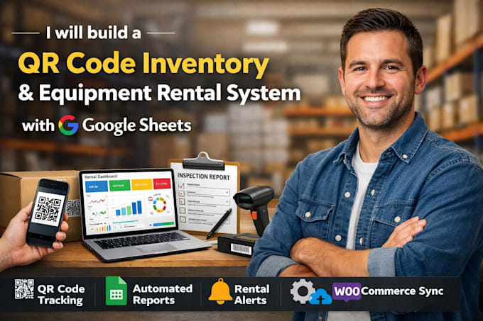 build qr code inventory, rental system automation with google sheets woocommerce