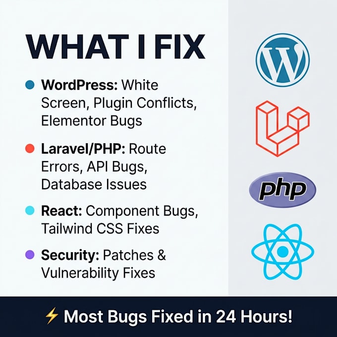fix wordpress bugs, laravel PHP errors and optimize your website