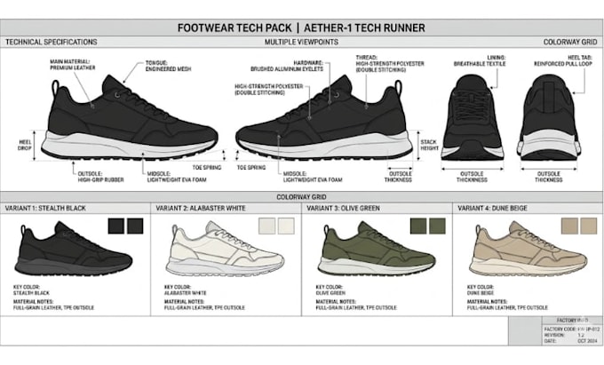 create custom shoe tech pack, sneaker, footwear tech pack for manufacturers