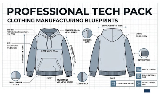develop accurate fashion tech packs, size charts, and garment construction guide