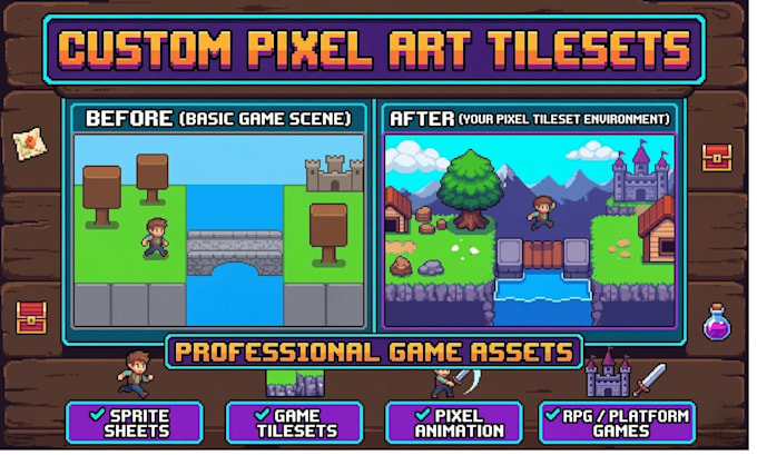 Création de tilesets pixel art, sprite sheet, animation de jeu pixel ...