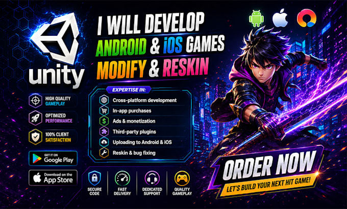 develop unity 2d or 3d games for android, ios, PC and webgl