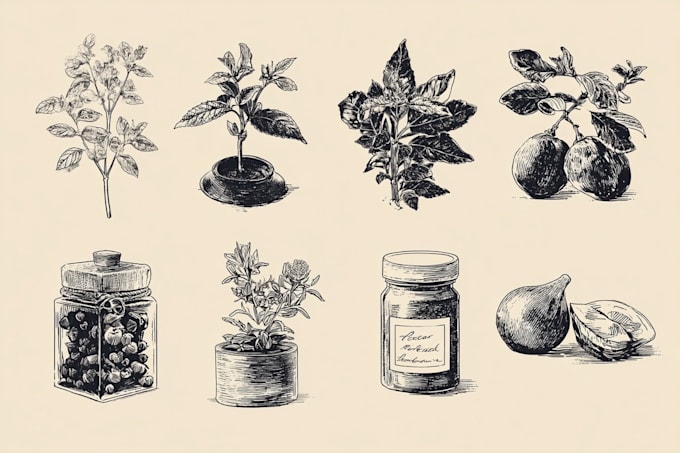 craft vintage style botanical food illustrations