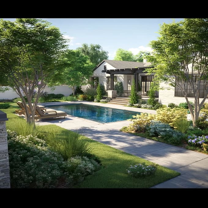 design backyard, frontyard, pool, patio as a landscape