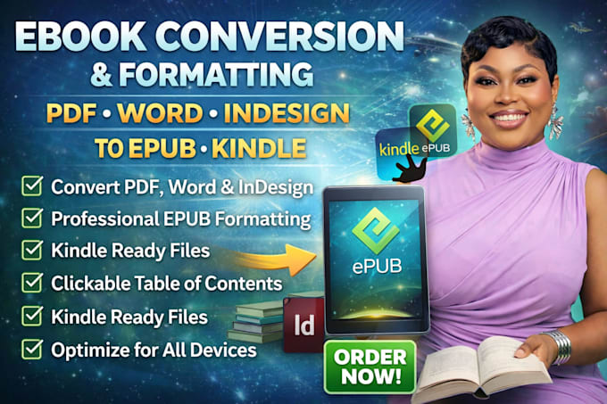 do the ebook conversion from PDF, word, indesign into epub, kindle formats