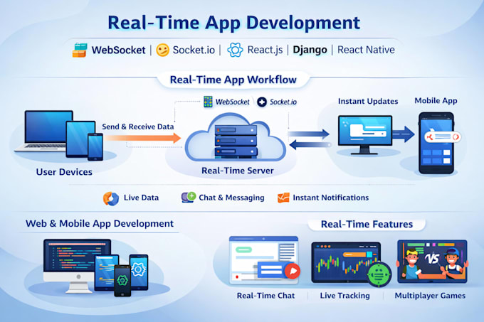 develop web, mobile apps using websocket socket io react js django react native
