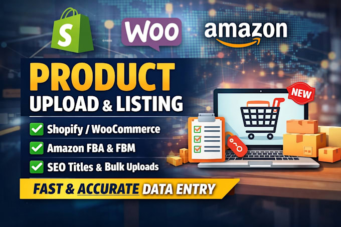 do product listing, product upload, data entry for shopify, woocommerce, amazon