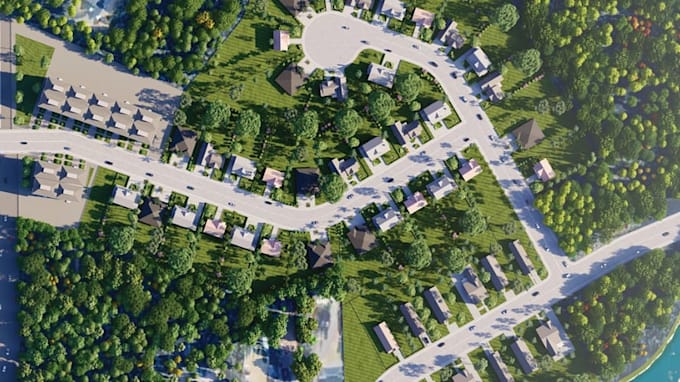 3d urban masterplan, housing estate development, streetscape landscape rendering
