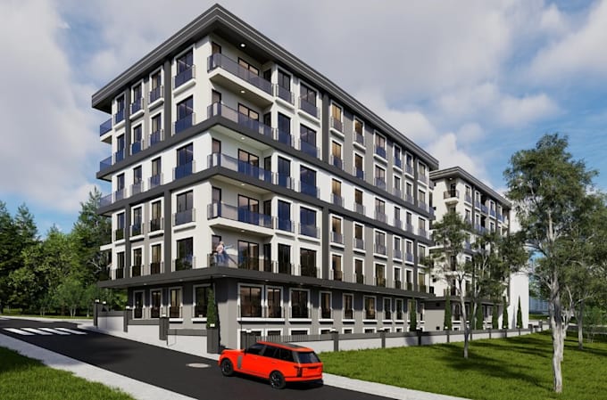 develop 3d residential community, housing development, apartment exterior render