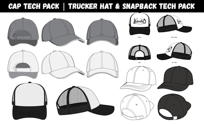 design custom cap tech pack, hat trucker and flat sketch ready for manufacturing