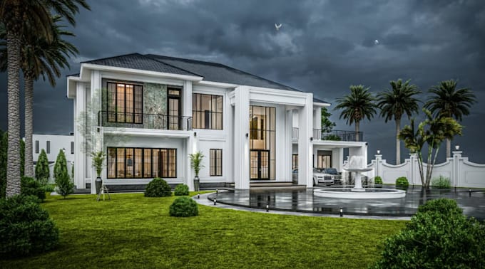 remodel modern villa,construct driveway, exterior elevation cgi,facade,farmhouse