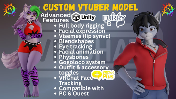 do custom furry vtuber model, anime vrc avatar, nsfw vrchat avatar commission