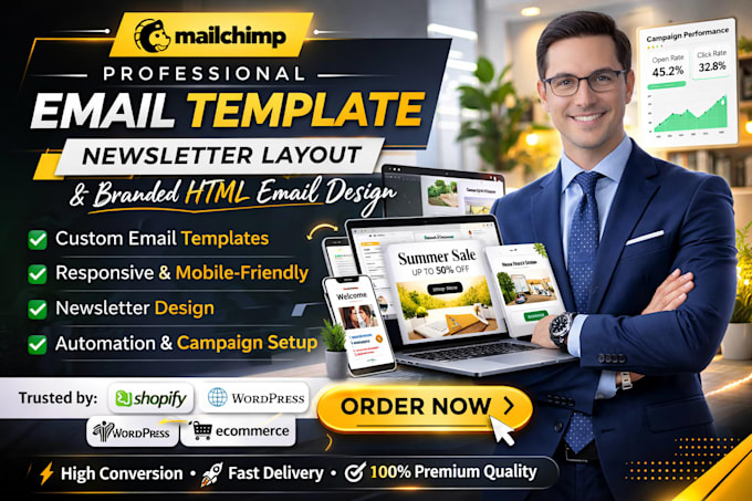 do mailchimp email template, newsletter layout, and branded HTML email design