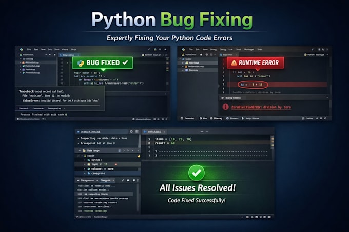 fix python errors, debug code and help in python tasks