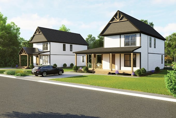design family home villa, farmhouse community, facade elevation, driveway design