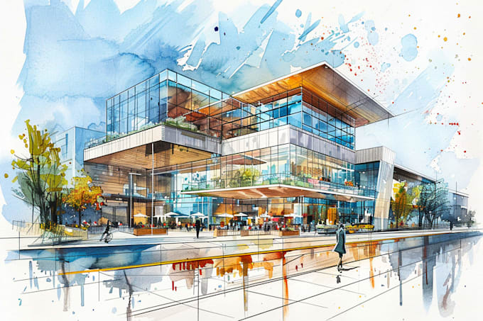 sketch architectural drawing with watercolor