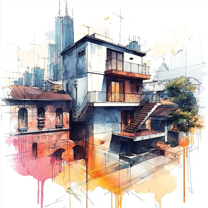 sketch architecture building with watercolor rendering