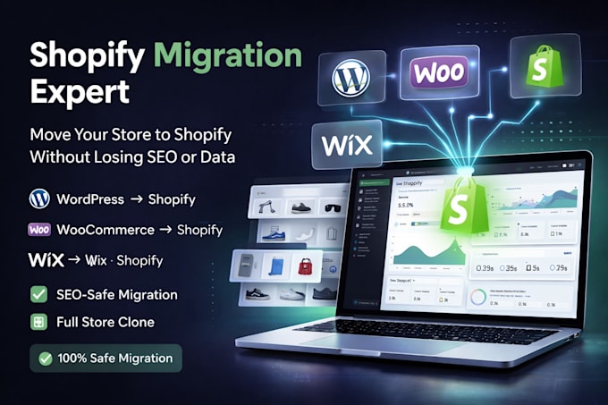 migrate you webiste from wordpress, wix, esty, squarespace to shopify