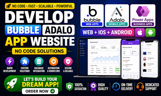 develp bubble adalo app website no code power apps ios android mobile app