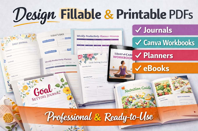 design fillable printable pdf, journal, canva, workbook, planner, ebook design