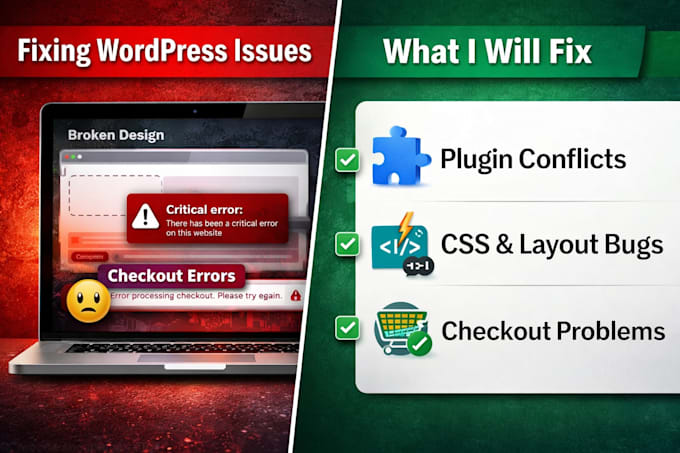 fix wordpress issues, wordpress bug fix, fix wordpress error, woocommerce fix