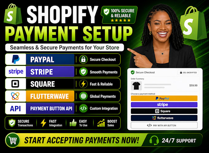 setup shopify paypal checkout, stripe, square, flutterwave, payment button API