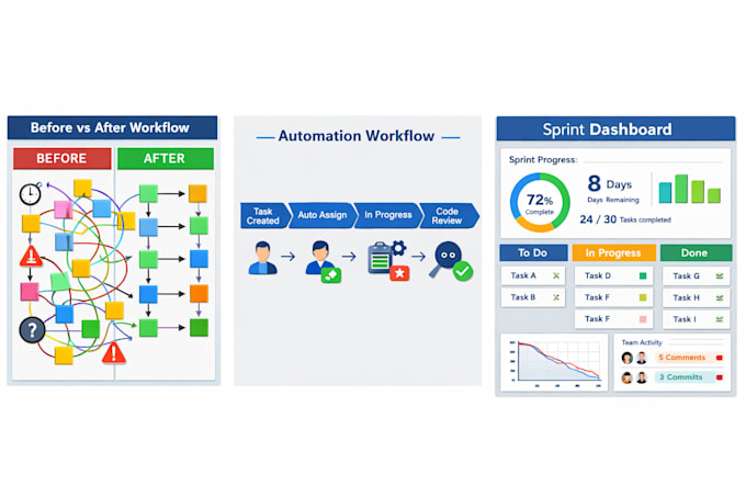 clean and optimize jira workflows, sprints, automation and task flow system