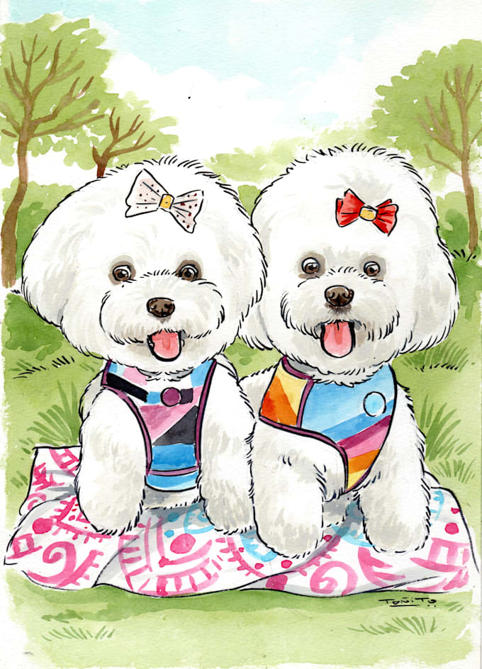 custom pet caricatures in watercolor