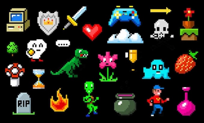 create pixel game assets pack, icons, weapon, ul, props, rpg character
