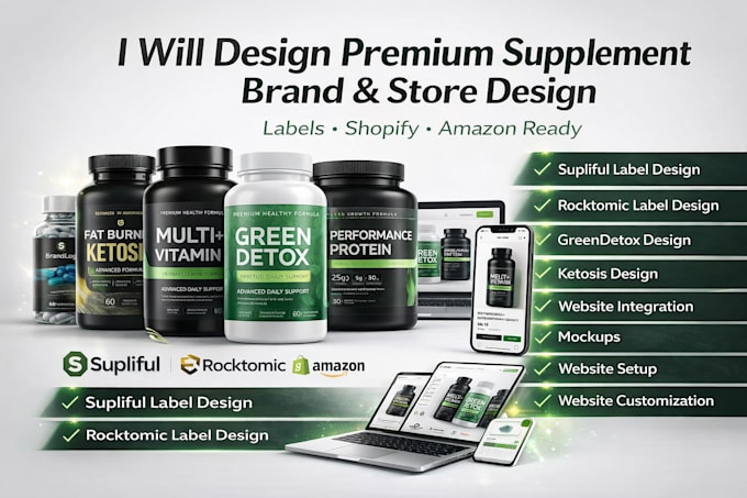 design premium supliful rocktomic supplement label shopify amazon store setup
