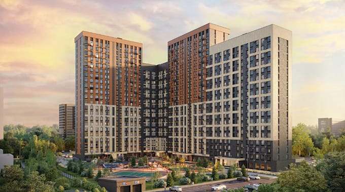 construct 3d residential complex,urban development,sports area,courtyards render