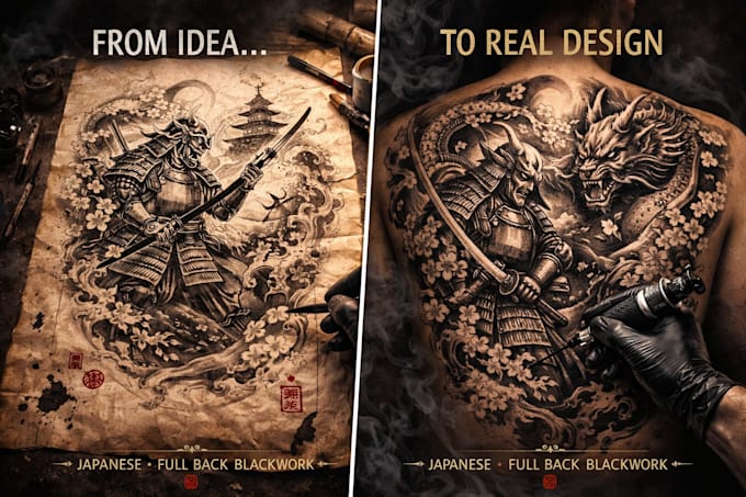 design a detailed custom full back tattoo, japanese, blackwork