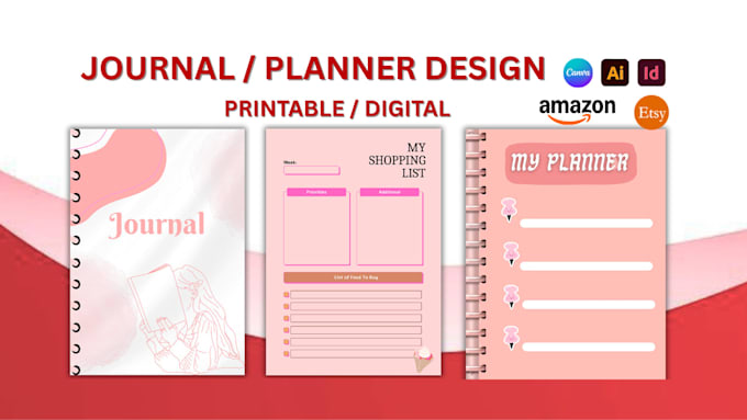 design canva printable journal, workbook minimalist digital planner notebook kdp
