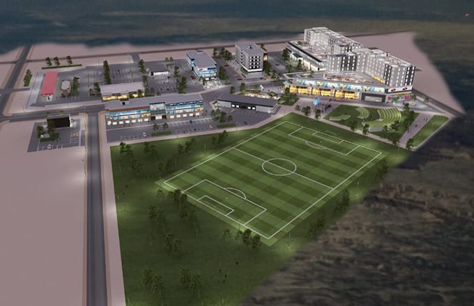 3d aerial view rendering, night smart city design, remodel mixed use development