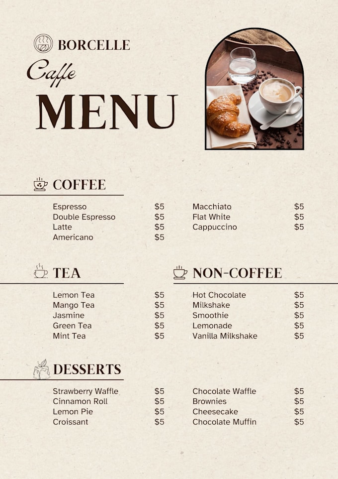 design a modern coffee shop menu for your cafe brand