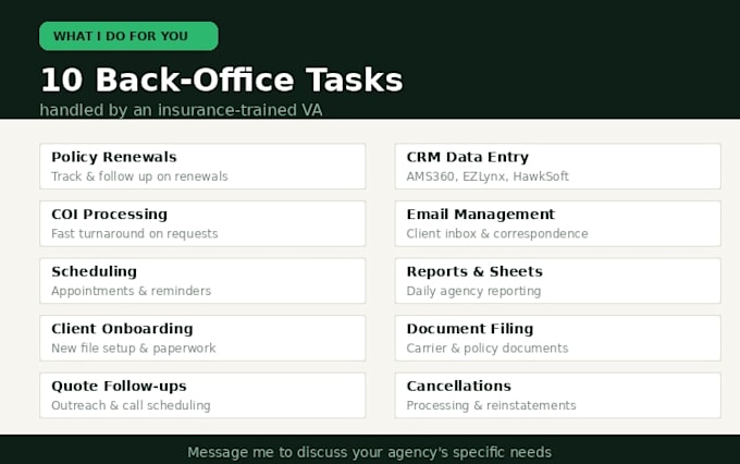 provide back office virtual assistant support for insurance agencies