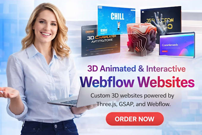 design 3d animated webflow website, interactive 3d website, threejs gsap