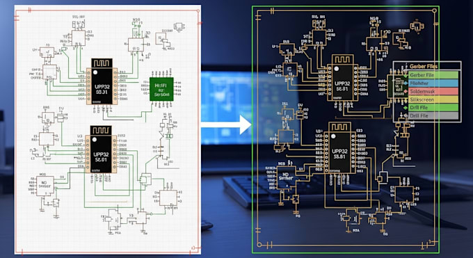 convert schematic to pcb layout with gerber files for embedded and iot hardware