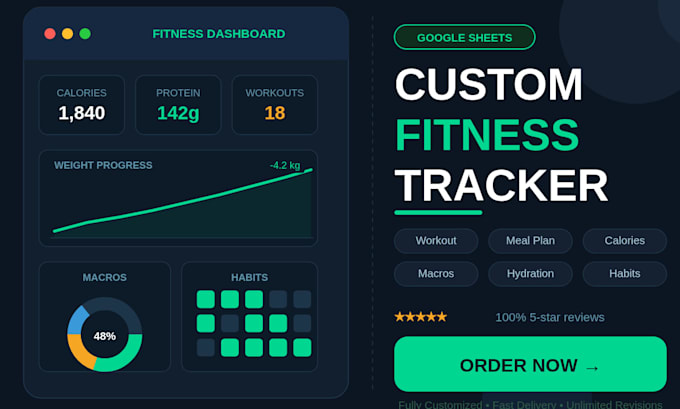 design custom fitness, nutrition and hydration tracking spreadsheets and planner